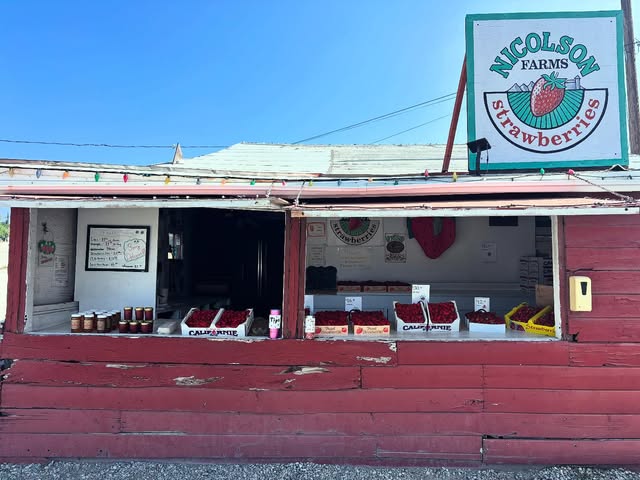 Historic red wood Nicolson Strawberries roadside stand on Foothill Blvd in Rancho Cucamonga